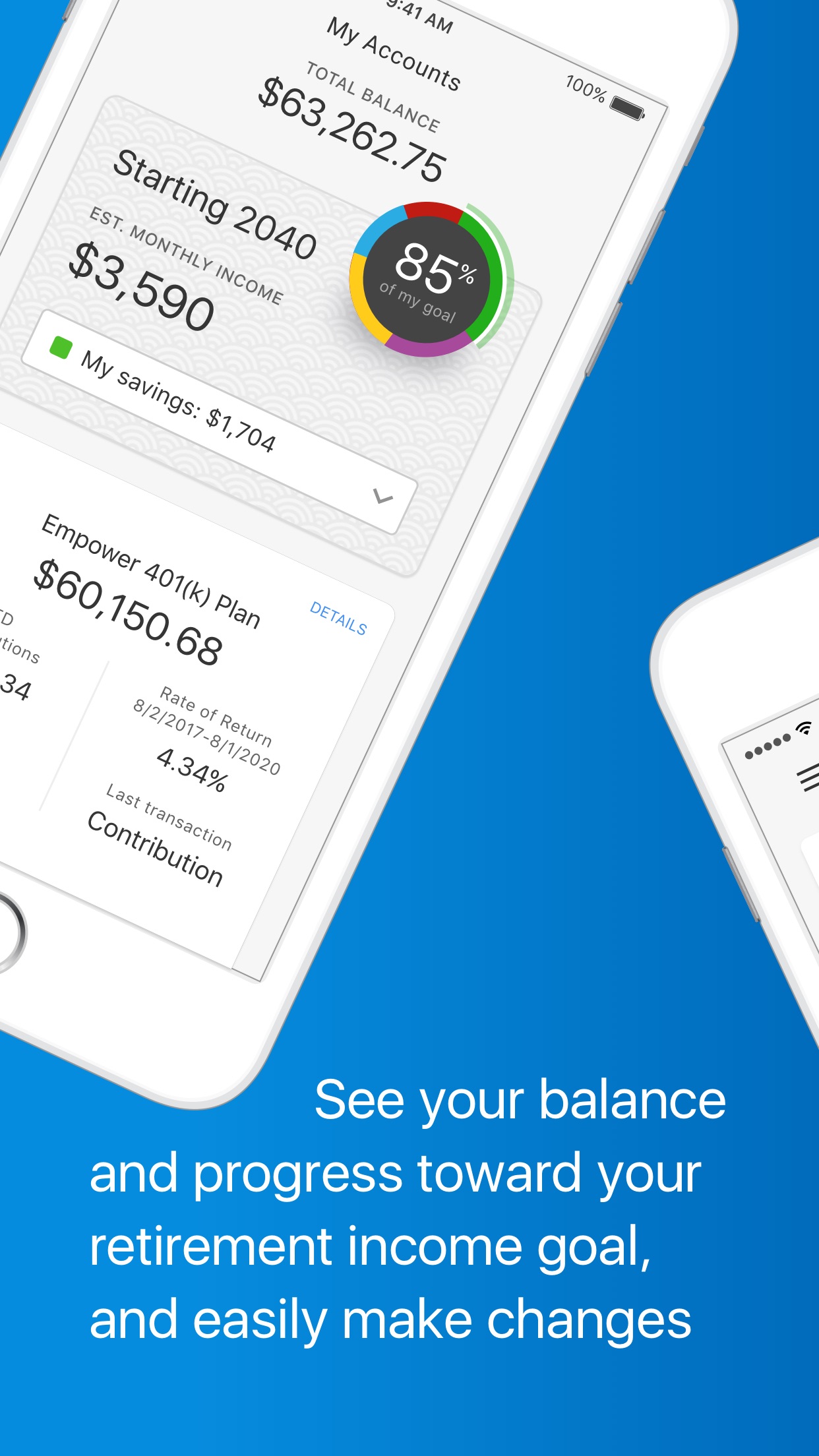 Empower app screenshot showing a 63,262 dollar total balance, retirement income goal progress and 401k plan details