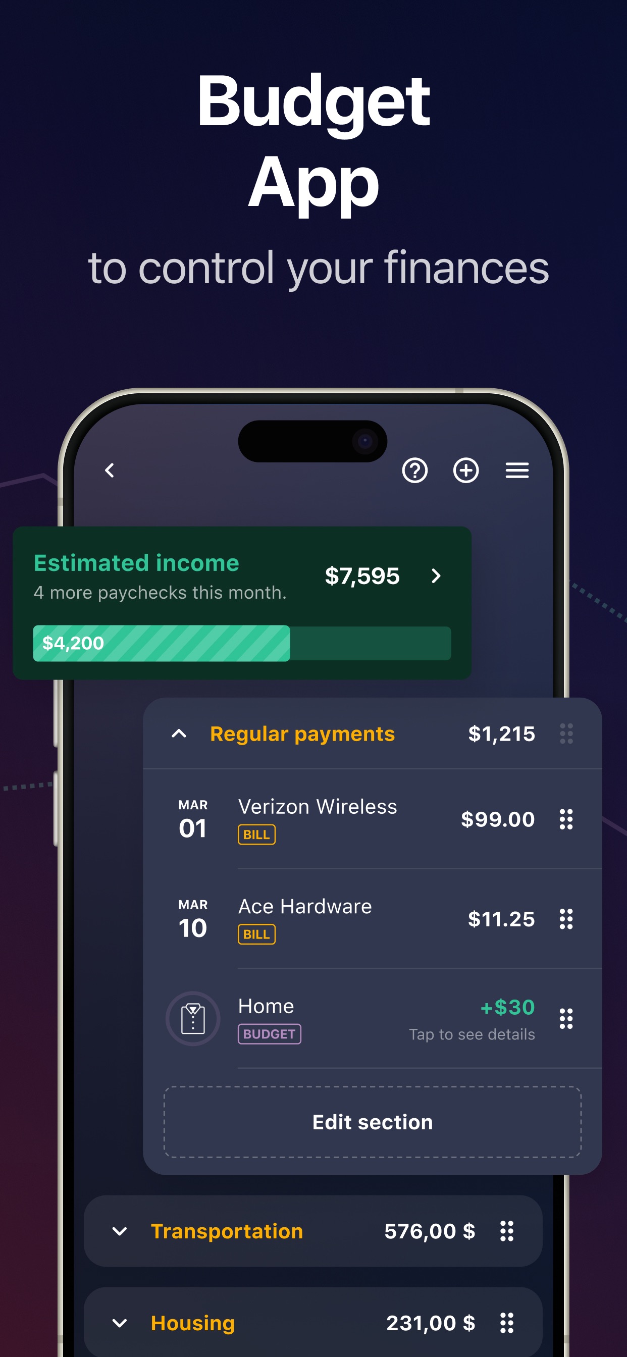 PocketGuard budget screen showing estimated income of 7595 dollars, four more paychecks this month, and a list of regular payments like Verizon Wireless and Ace Hardware