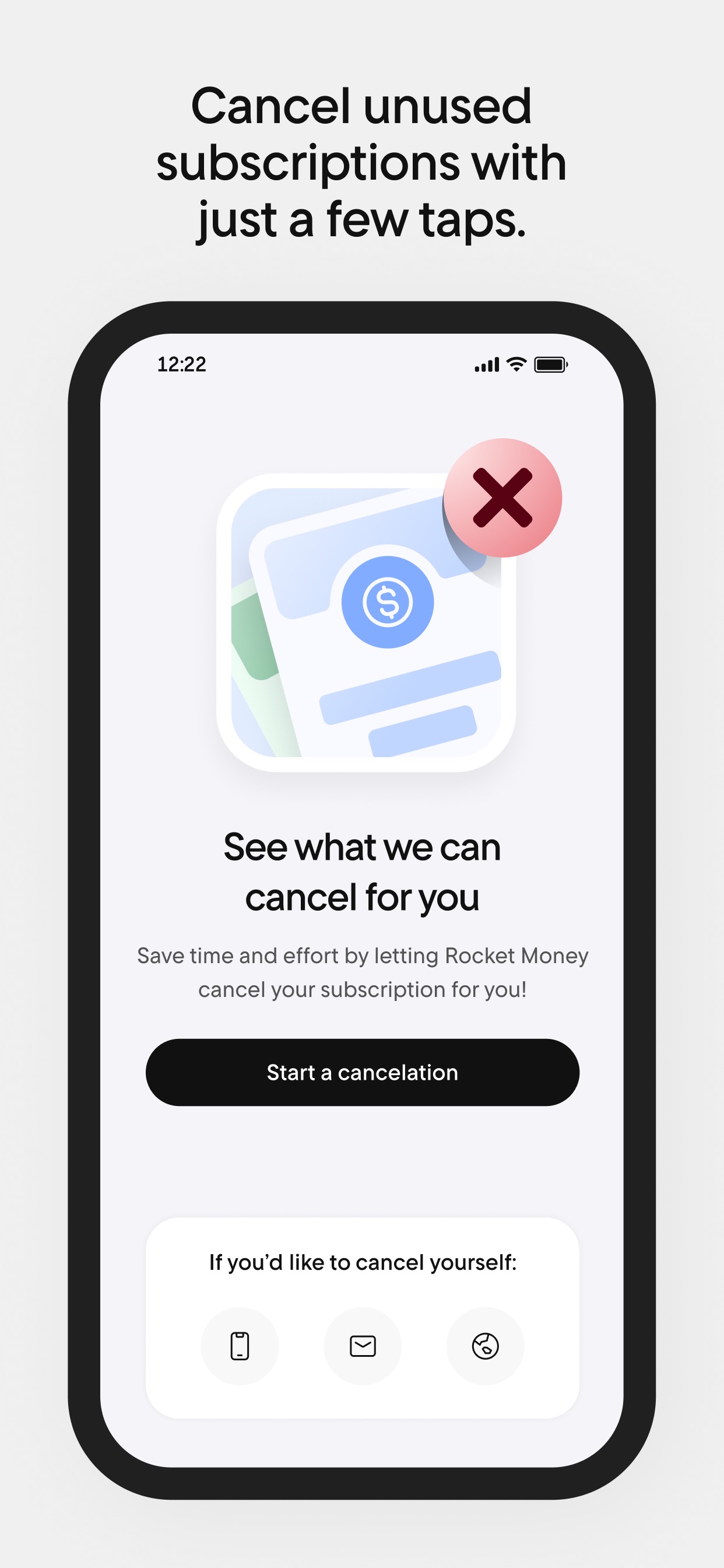 Rocket Money screen titled See what we can cancel for you, with a Start a cancelation button and options to cancel yourself