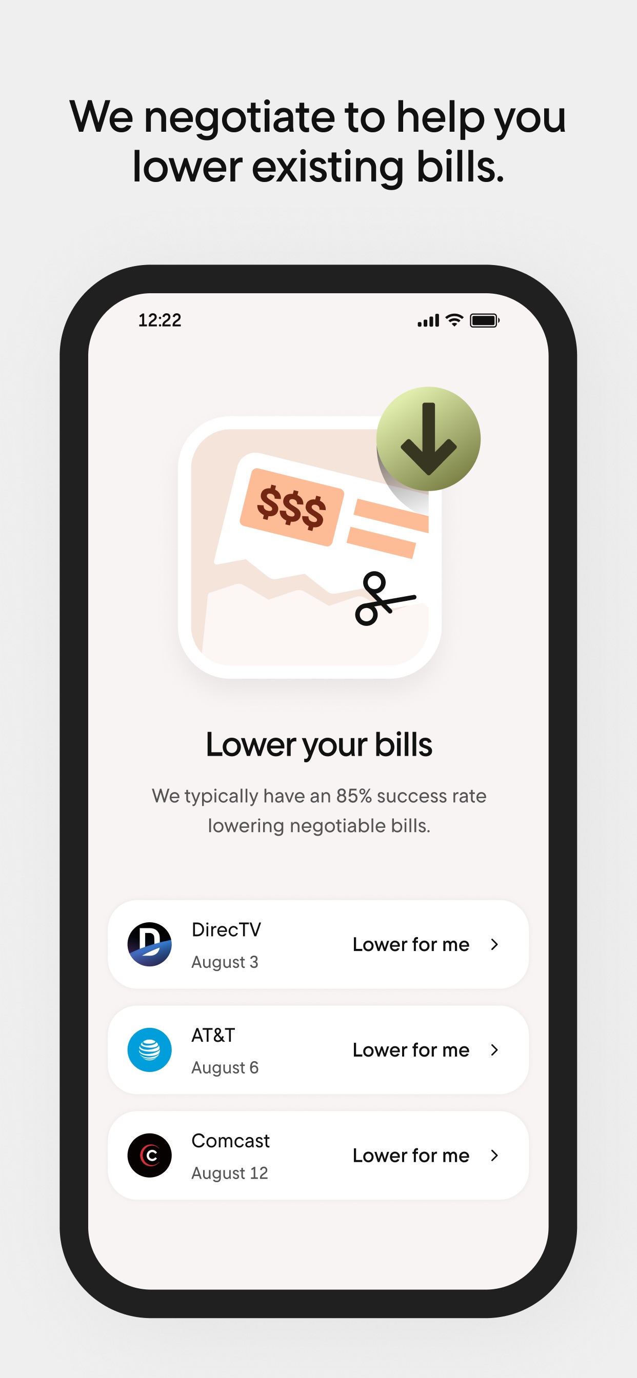 Rocket Money bill negotiation screen showing an 85 percent success rate and Lower for me buttons next to DirecTV, AT and T, and Comcast