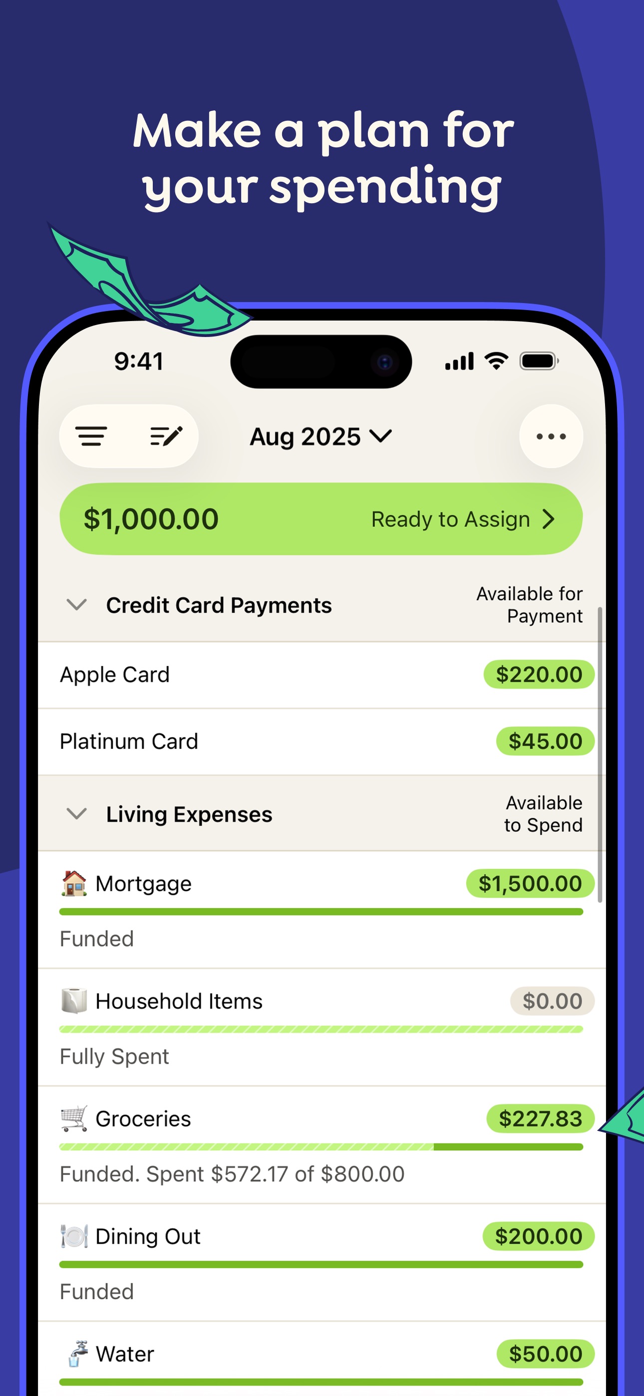 YNAB budget screen for August showing funded categories like Mortgage, Groceries and Dining Out with green progress bars