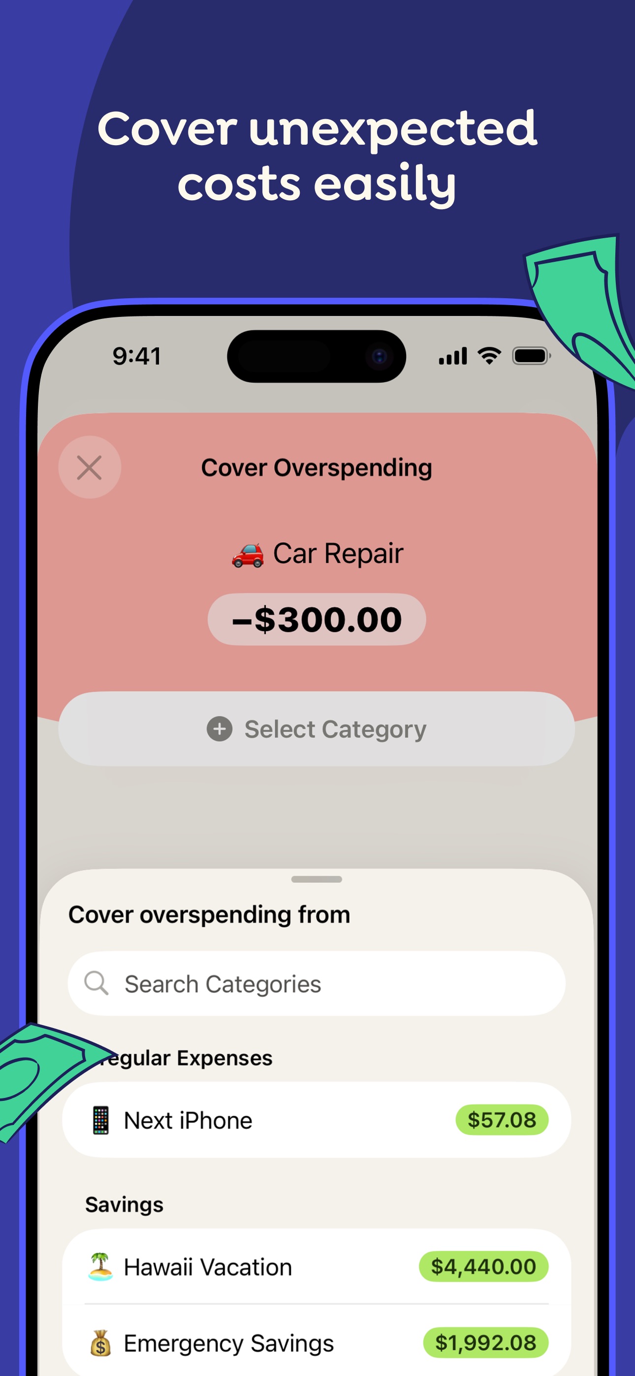 YNAB Cover Overspending screen moving 300 dollars from another category to cover a car repair