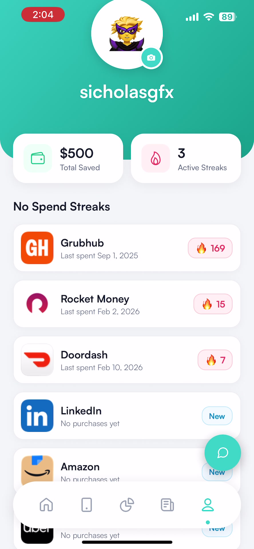 Hinder no-spend streaks screen showing day streaks per app with estimated money saved