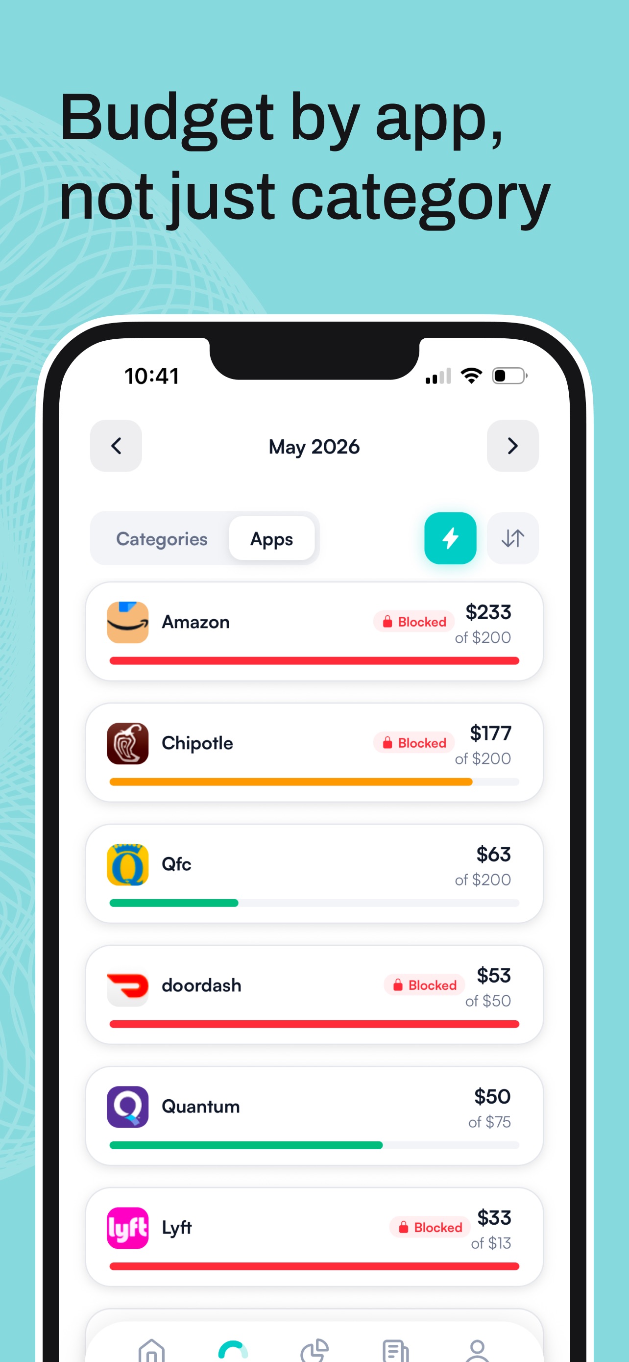 Hinder per-app budgets with Amazon and DoorDash both over their limits, bars in red